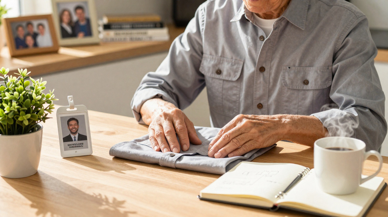 Pessoa idosa a dobrar uma camisa cinzenta numa mesa com café, caderno e planta.