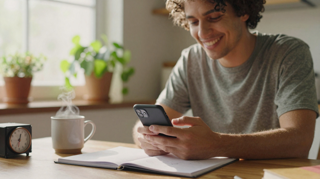 Jovem sorridente a usar telemóvel junto a caderno aberto e chá quente numa mesa junto à janela.