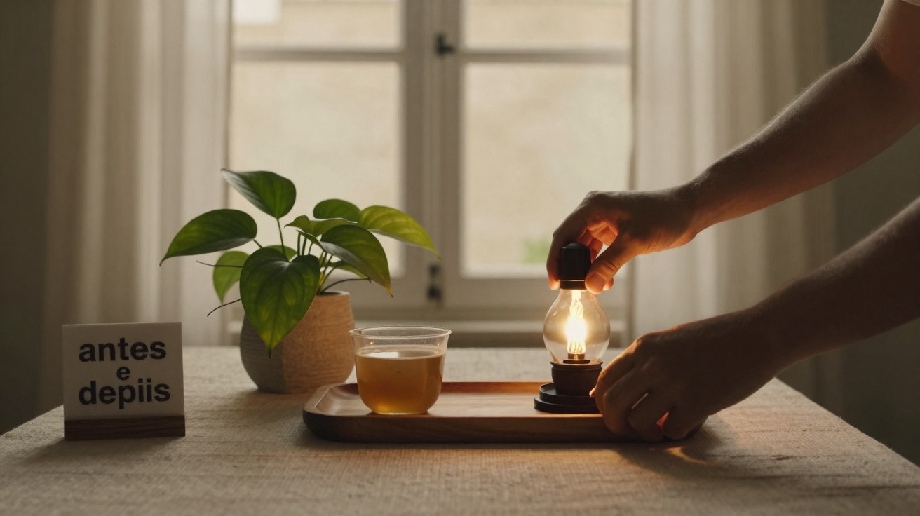 Mãos acendem lâmpada numa mesa com chá, planta e placa com texto "antes e depois" junto a janela iluminada.
