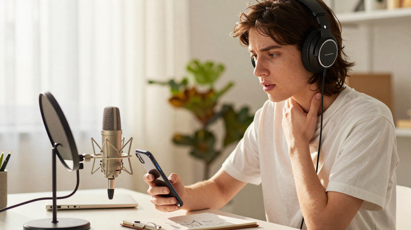Jovem a gravar podcast com auscultadores, microfone e telemóvel numa mesa iluminada por luz natural.