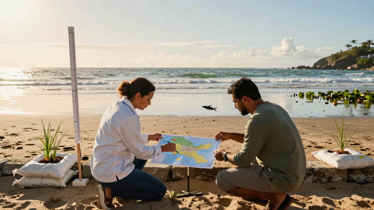 Duas pessoas analisam um mapa na praia, com medidor e plantas ao redor, ao pôr do sol.