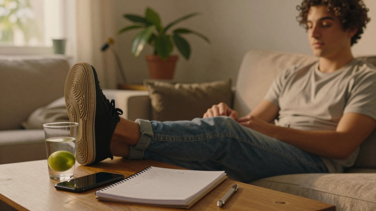 Jovem sentado no sofá com os pés na mesa onde estão um caderno, caneta, telemóvel e copo com lima.