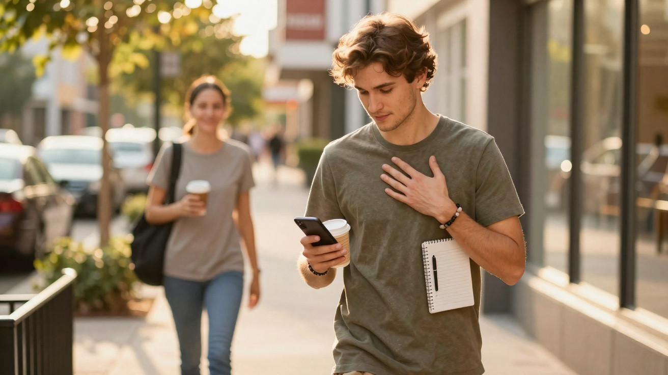 Jovem a andar na rua com telemóvel, café e caderno, enquanto mulher o segue ao fundo com café na mão.