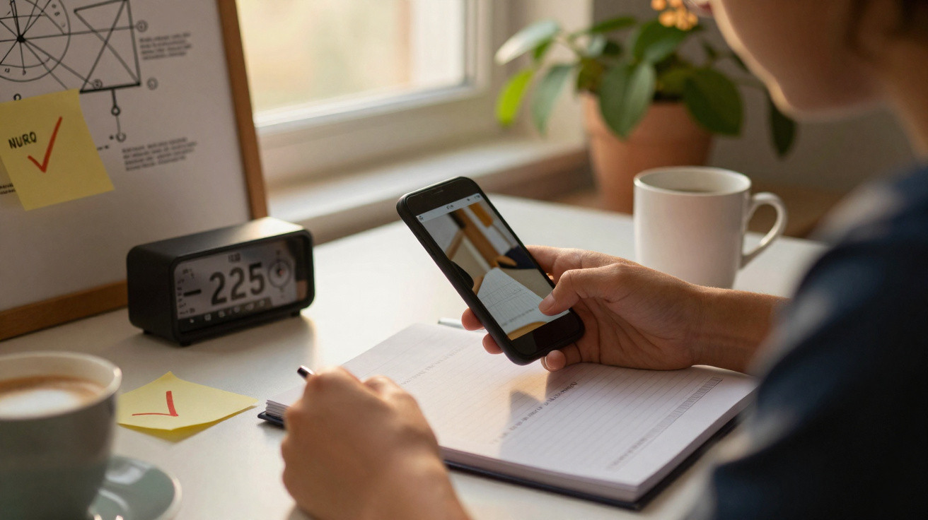Pessoa a tirar foto de notas num caderno com um smartphone numa secretária com café e relógio digital.