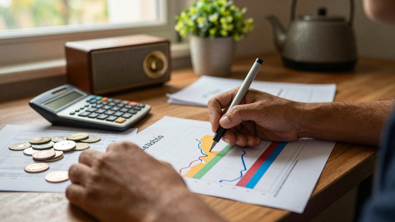 Pessoa a analisar gráficos financeiros numa mesa com calculadora, moedas e rádio vintage.