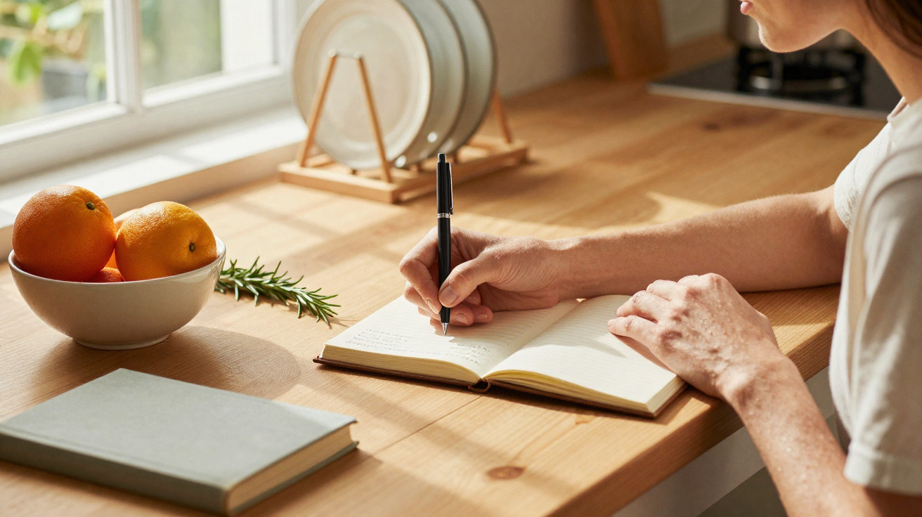 Pessoa a escrever num caderno sobre mesa de madeira com tigela de laranjas ao sol numa cozinha iluminada.