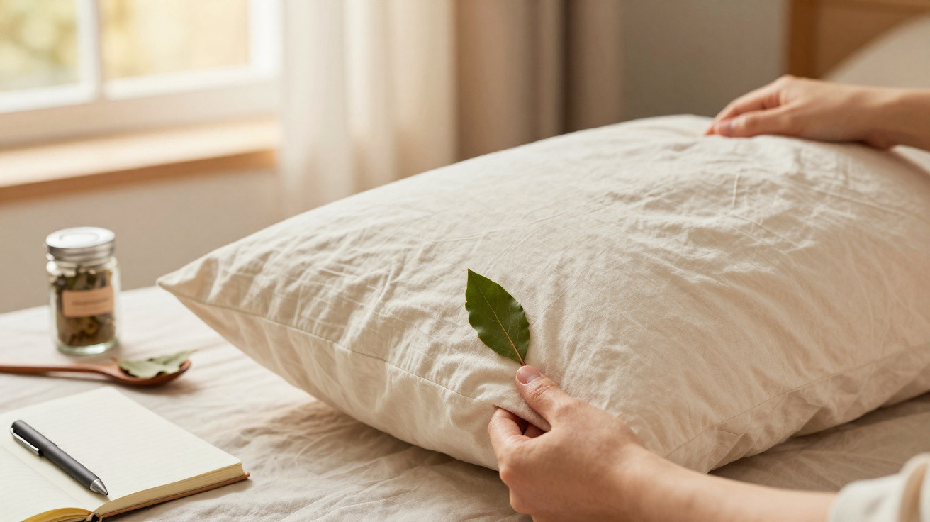 Mãos a colocar uma folha verde numa almofada branca numa cama com caderno e frasco ao lado.