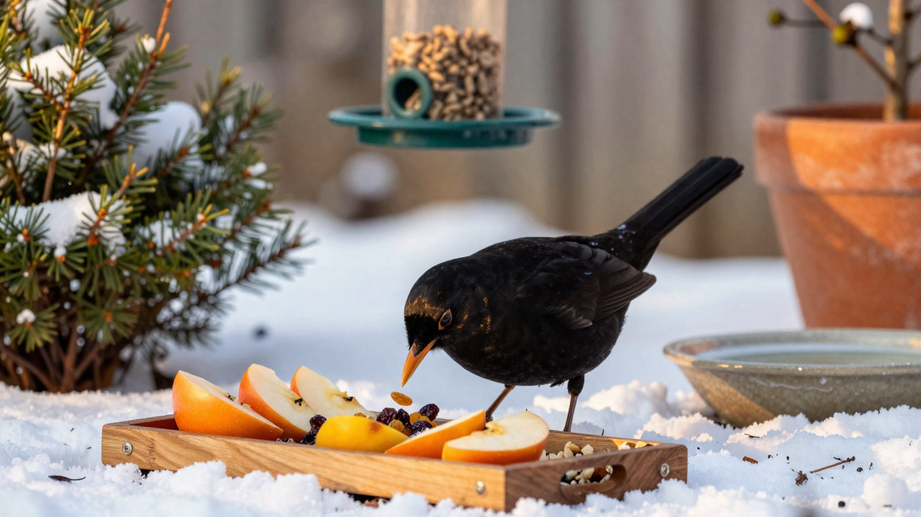 Pássaro preto alimentando-se de fruta e sementes em tabuleiro na neve, com comedouro suspenso ao fundo.