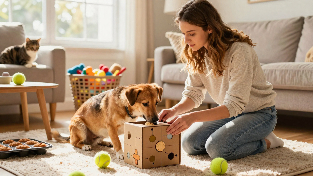 Mulher brinca com cão usando brinquedo interativo enquanto gato observa numa sala iluminada.