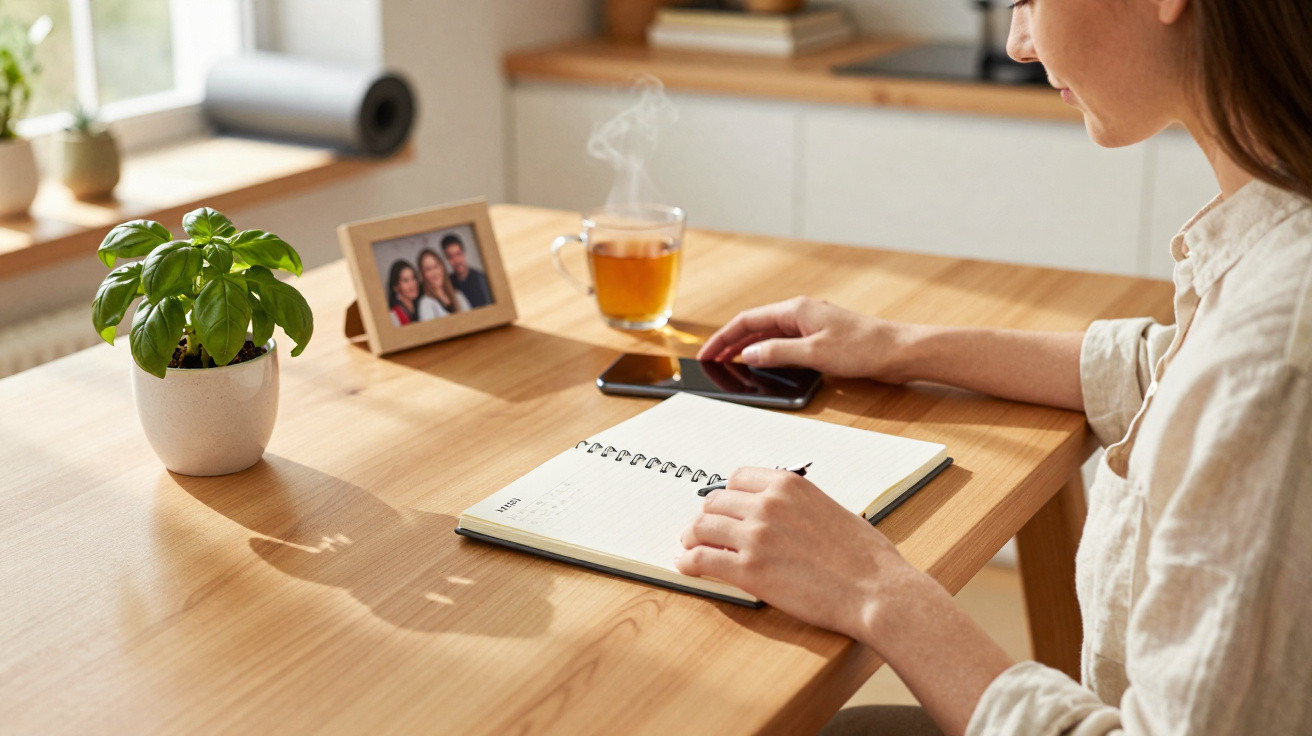 Mulher sentada numa mesa de madeira, com caderno aberto, telemóvel, chá quente e planta em vaso.