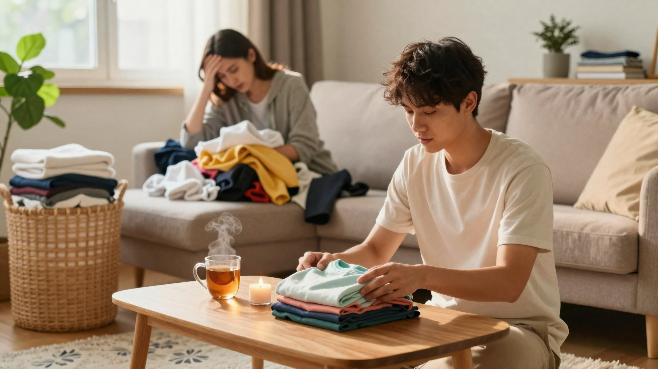 Homem dobra roupa na mesa enquanto mulher stressada senta no sofá com mais roupa para arrumar.