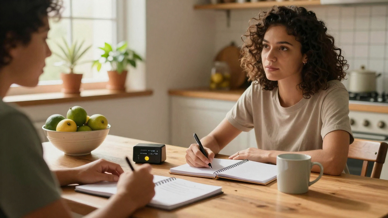 Duas pessoas sentadas à mesa, uma mulher a escrever num caderno e uma chávena à sua frente numa cozinha.