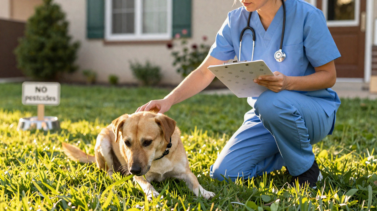 Veterinária com uniforme azul examina e afaga cão castanho claro num jardim com sinal "No pesticidas".