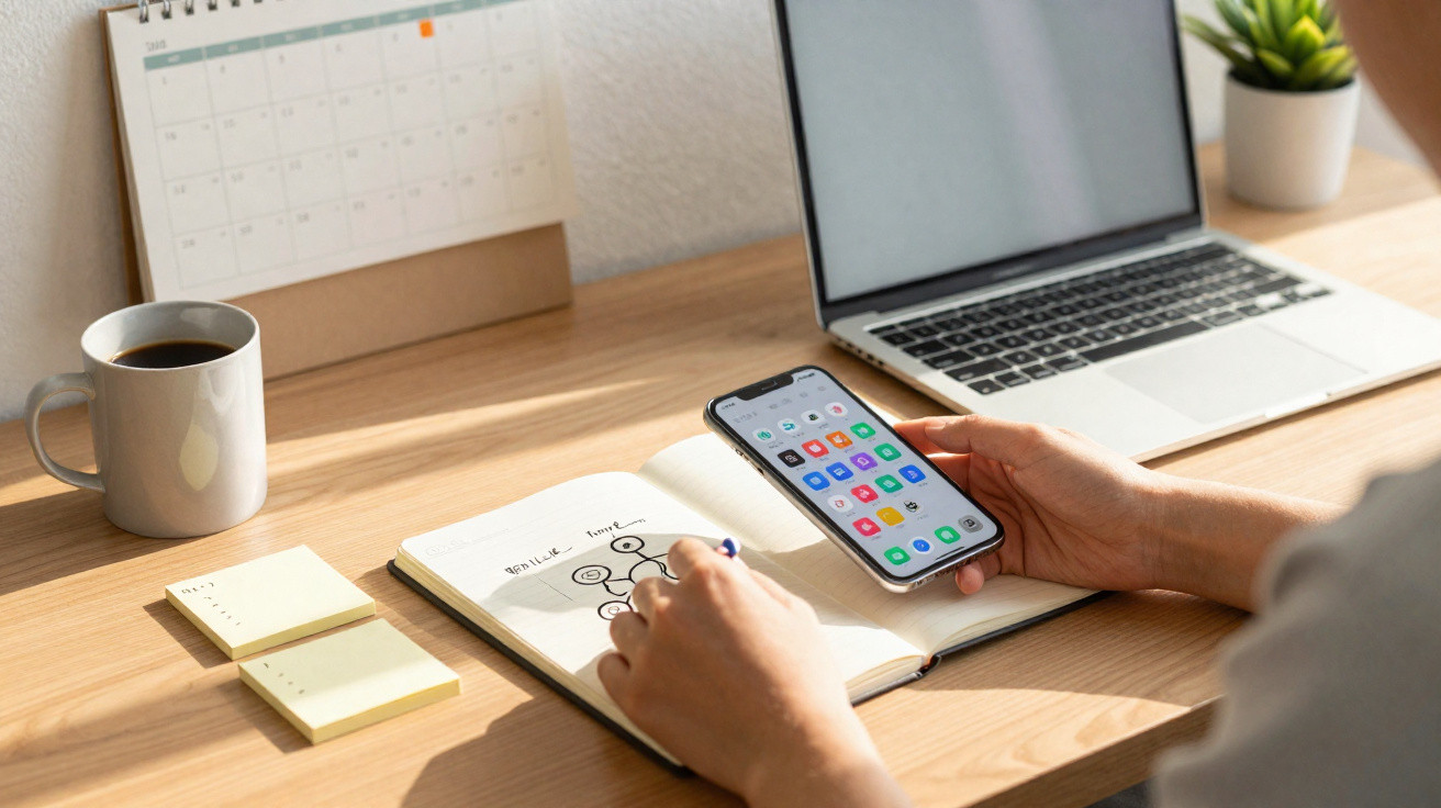 Pessoa a desenhar plano num caderno, com smartphone, computador portátil, calendário e caneca numa secretária.
