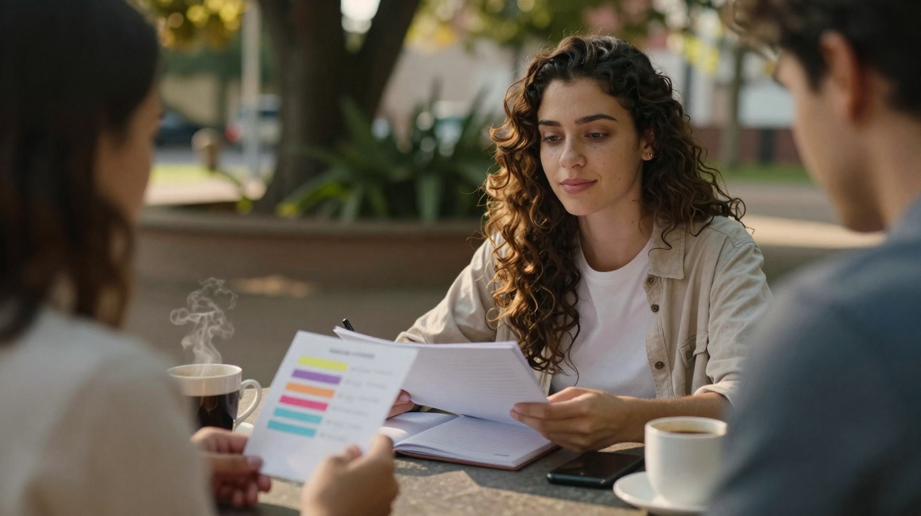 Três jovens sentados num café ao ar livre, a analisar papéis e a beber café quente.