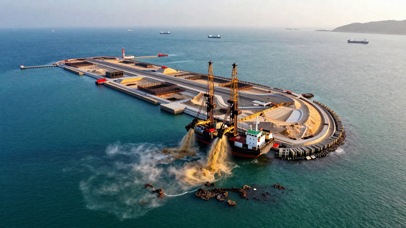 Vista aérea de plataforma marítima com máquinas a dragar sedimentos no mar, navios ao fundo e céu limpo.