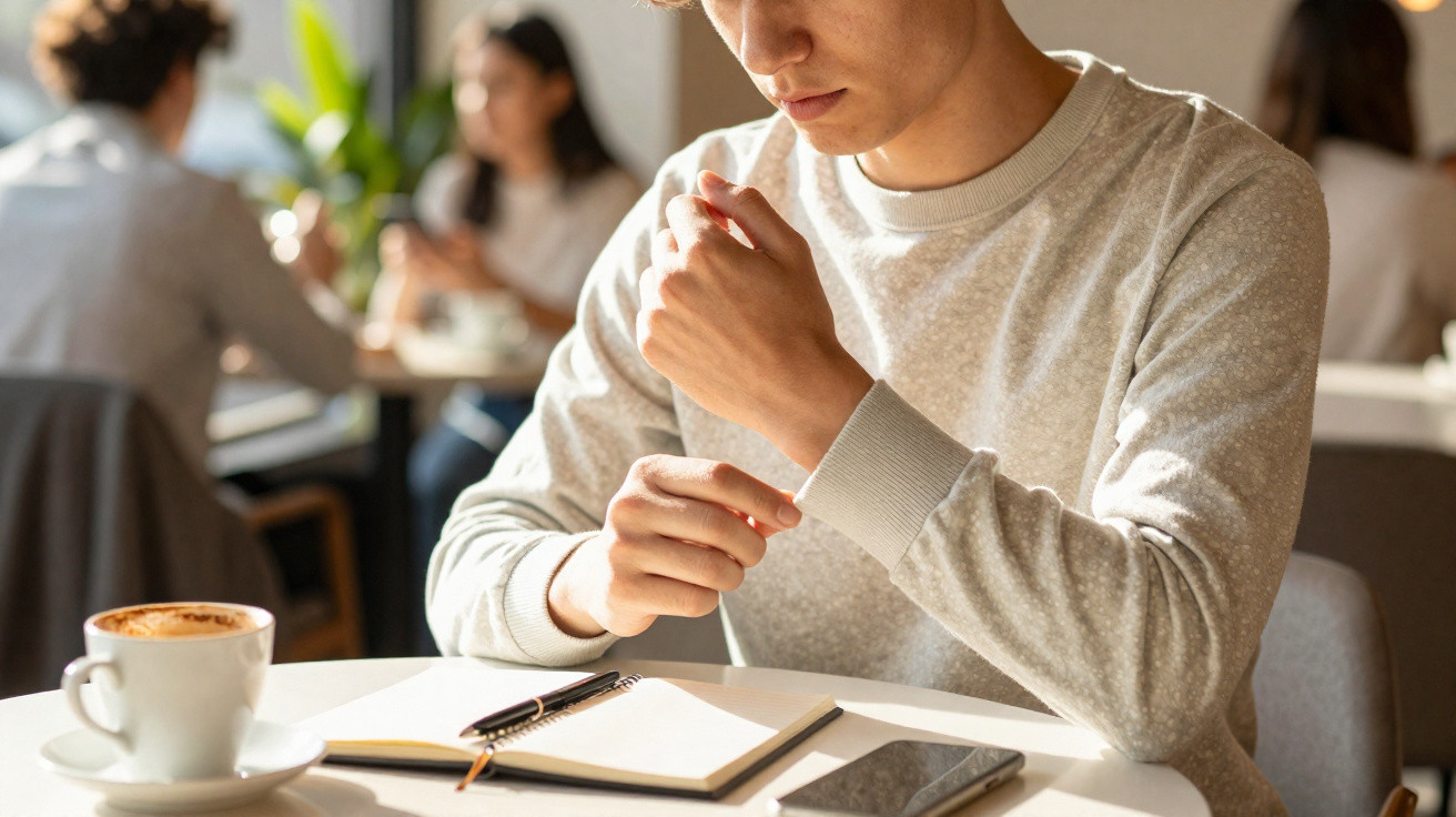 Jovem sentado numa mesa de café a preparar-se para escrever num caderno com café e telemóvel à frente.