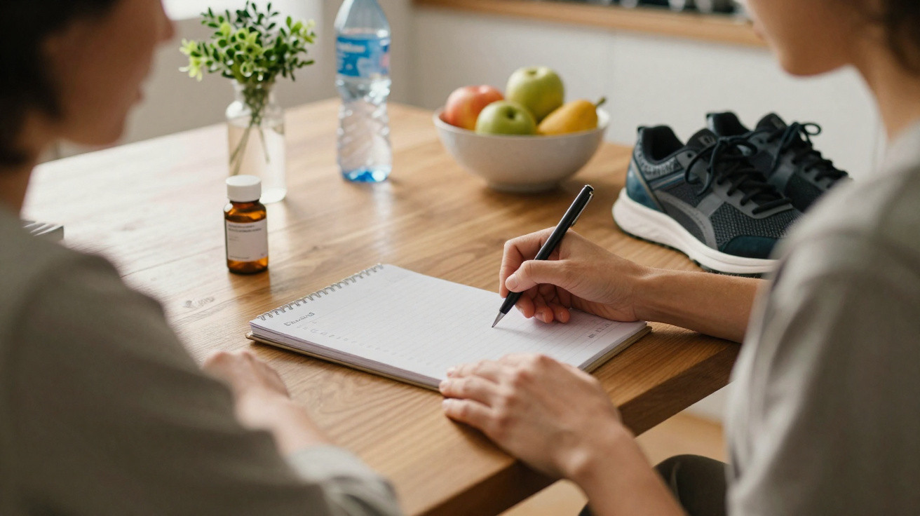 Pessoa a escrever numa folha numa mesa com garrafa de água, frasco, fruto e ténis desportivos.