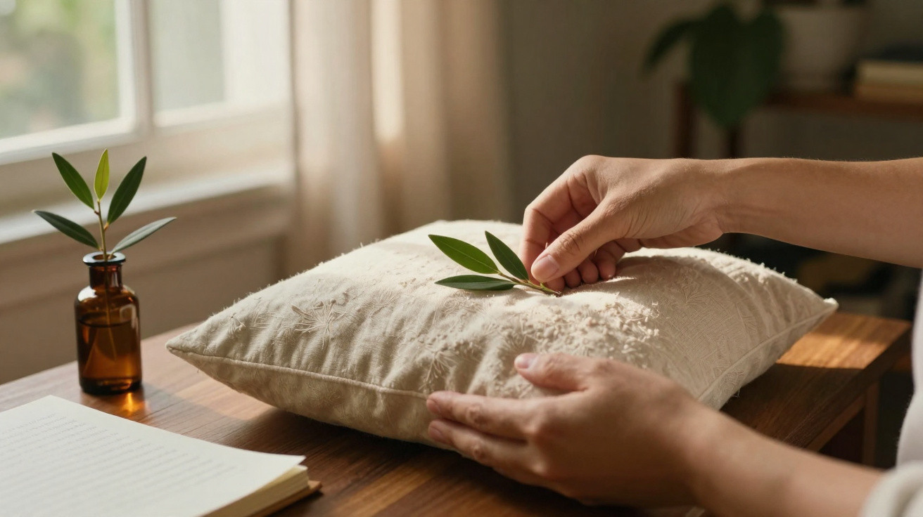 Mãos a decorar almofada creme com ramo verde, garrafa castanha e livro numa mesa de madeira junto a janela.