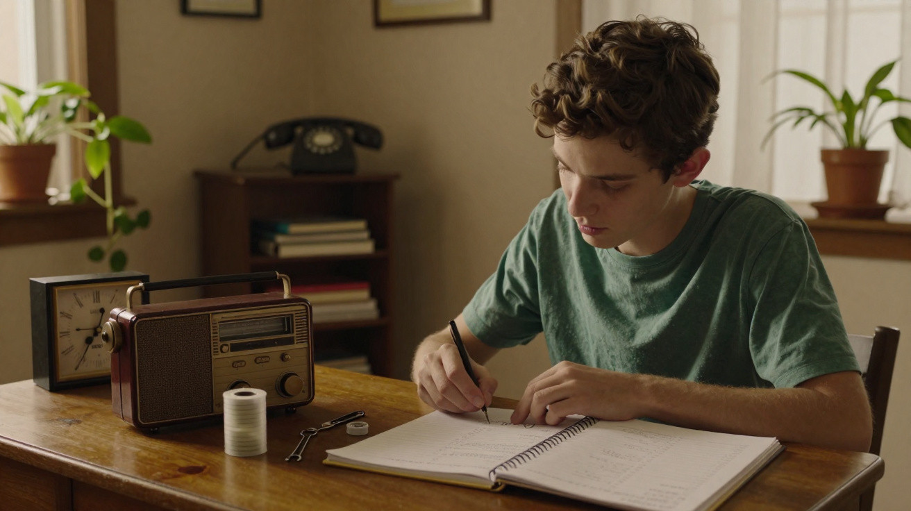 Jovem sentado a escrever num caderno numa mesa com rádio antigo, relógio e máquina de costura.