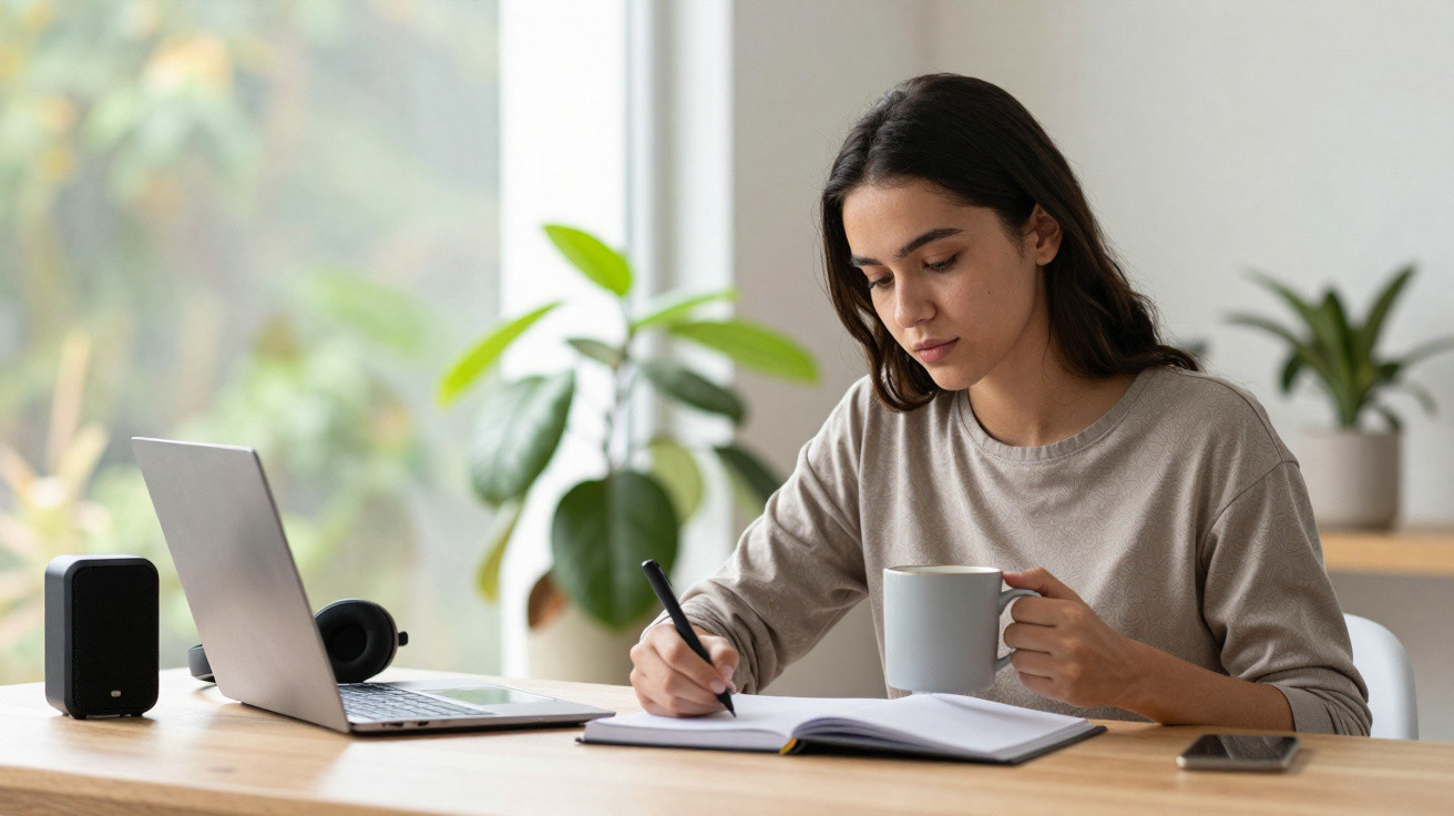 Mulher a estudar num ambiente calmo em casa, com computador, caderno e caneca na mão.