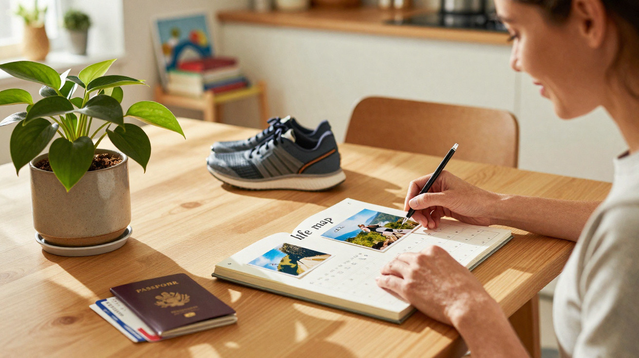 Pessoa a escrever num diário de viagem com fotos, sapato e passaporte numa mesa de madeira.