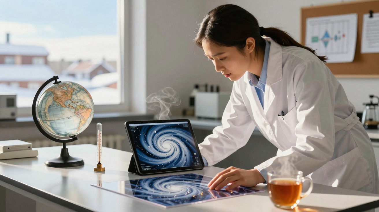 Cientista numa sala de laboratório observa imagem de galáxia num tablet sobre mesa com globo e chá.