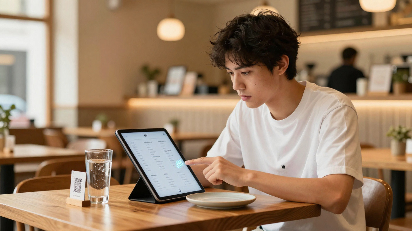 Jovem a consultar ementa digital num tablet enquanto está sentado numa mesa de café.