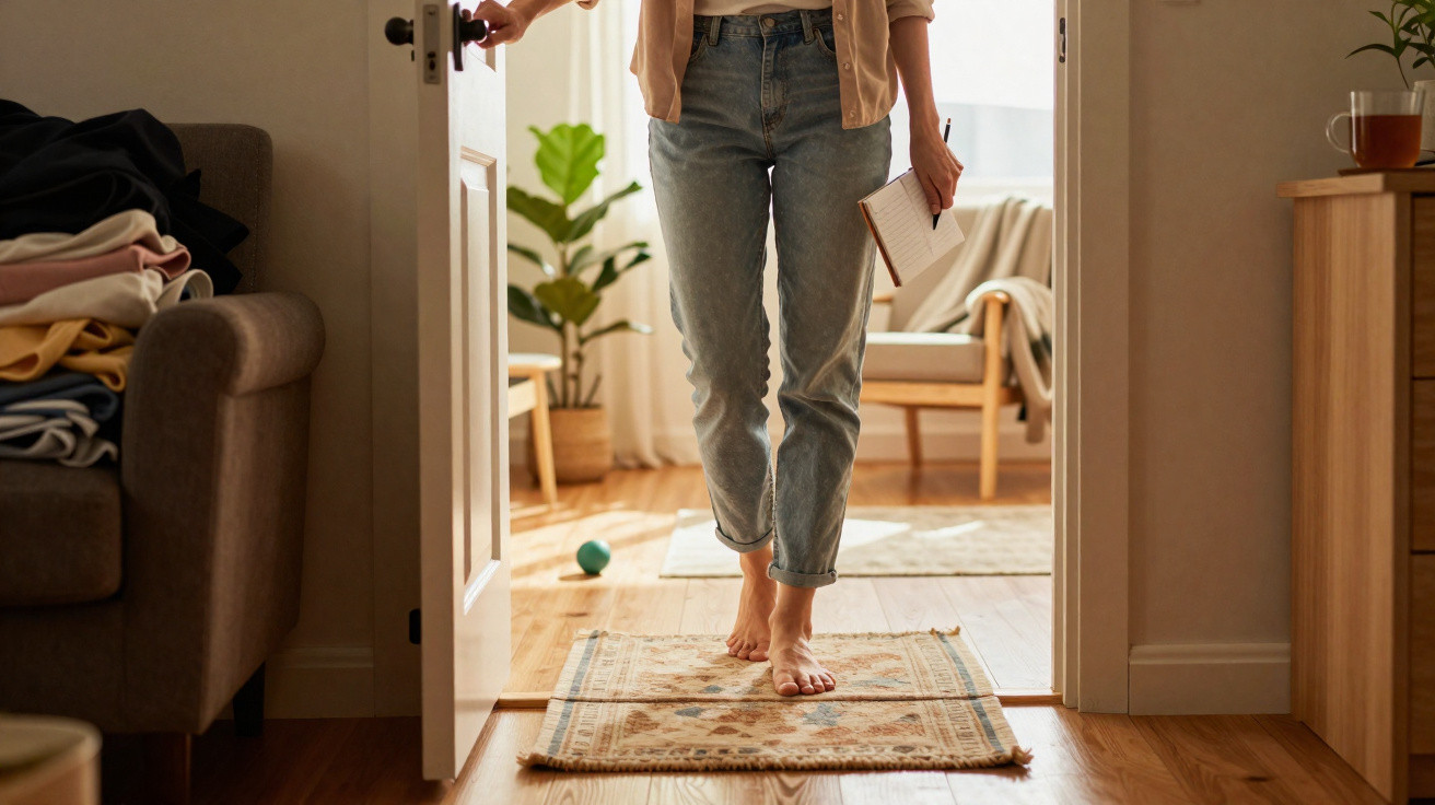 Pessoa descalça a entrar numa sala de estar clara, segurando um caderno, com roupa casual e ambiente acolhedor.