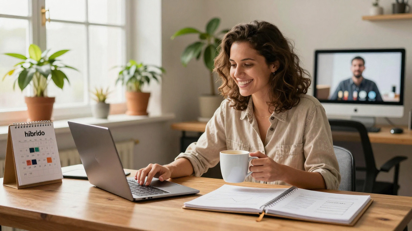 Mulher sorridente a trabalhar num computador portátil, com uma caneca na mão e uma videochamada no monitor ao fundo.