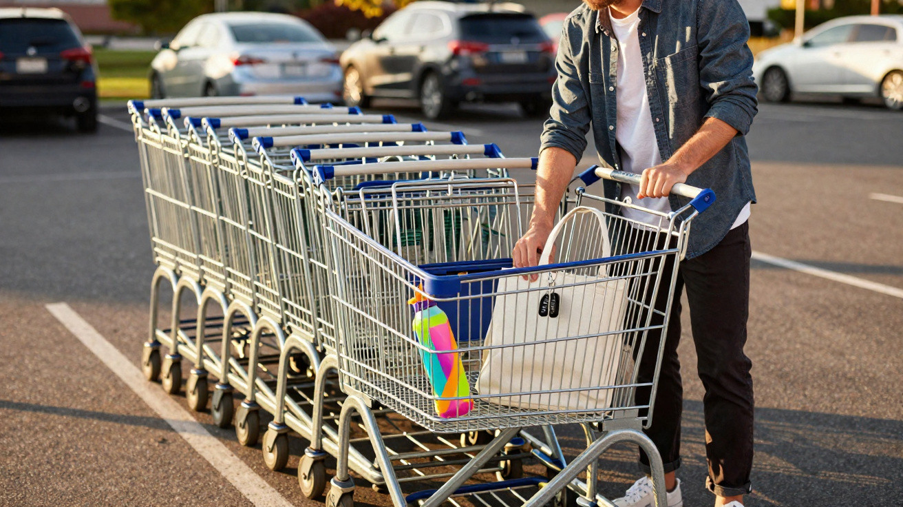 Homem a empurrar um carrinho de compras vazio num parque de estacionamento com carros ao fundo.