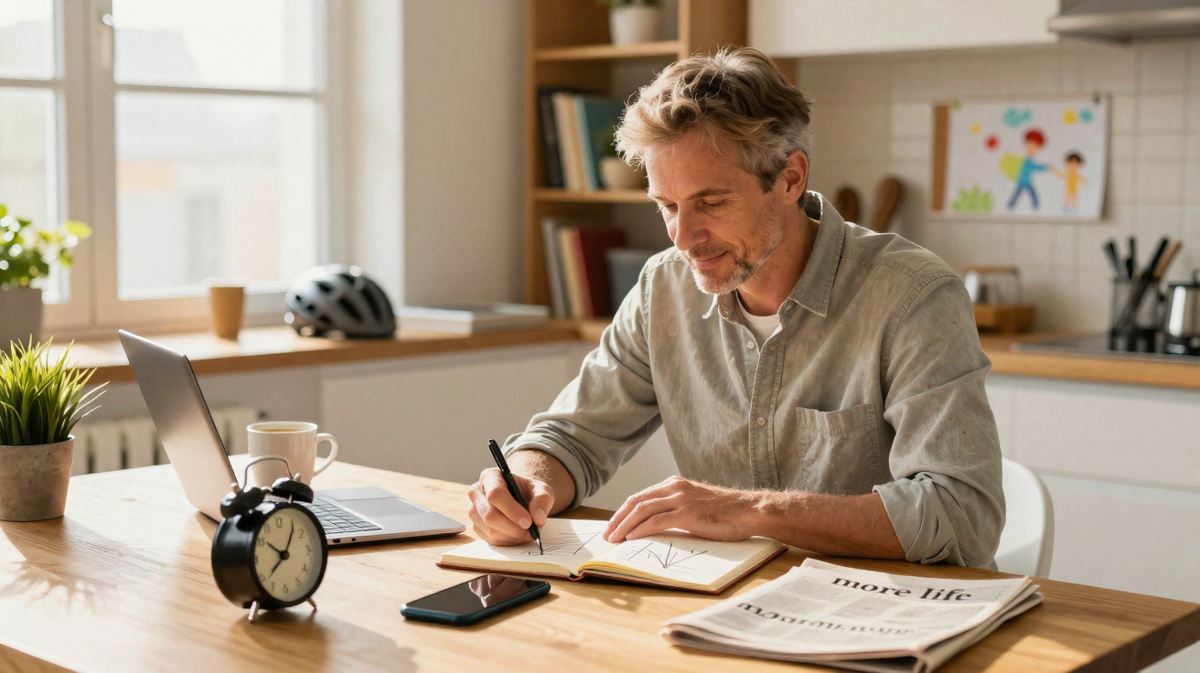 Homem sentado à mesa a escrever num caderno, com computador, telemóvel e jornal numa cozinha iluminada.