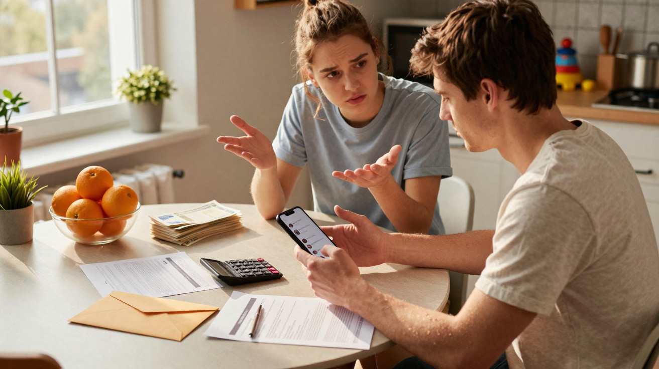 Casal sentado à mesa da cozinha discute contas e finanças com documentos, calculadora e telemóvel.