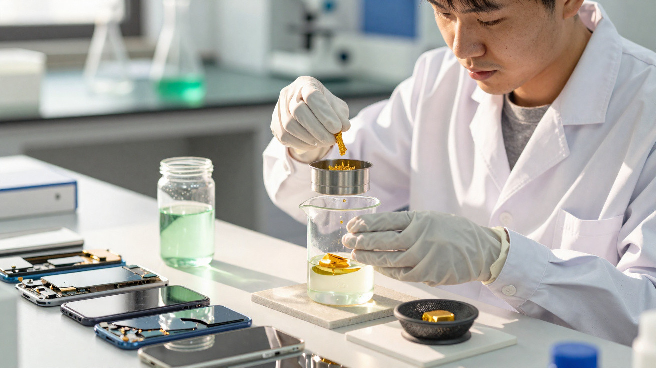 Homem com bata branca e luvas manipula componentes eletrónicos em laboratório moderno.
