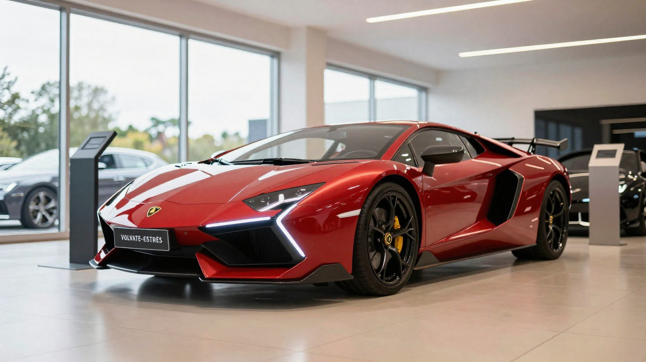 Carro desportivo vermelho com faróis LED e jantes pretas, exposto numa sala moderna com grandes janelas.