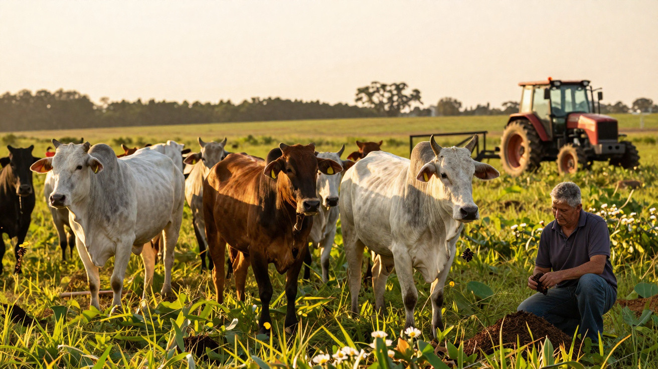 Vacas num campo verde com homem sentado e trator vermelho ao fundo ao pôr do sol.