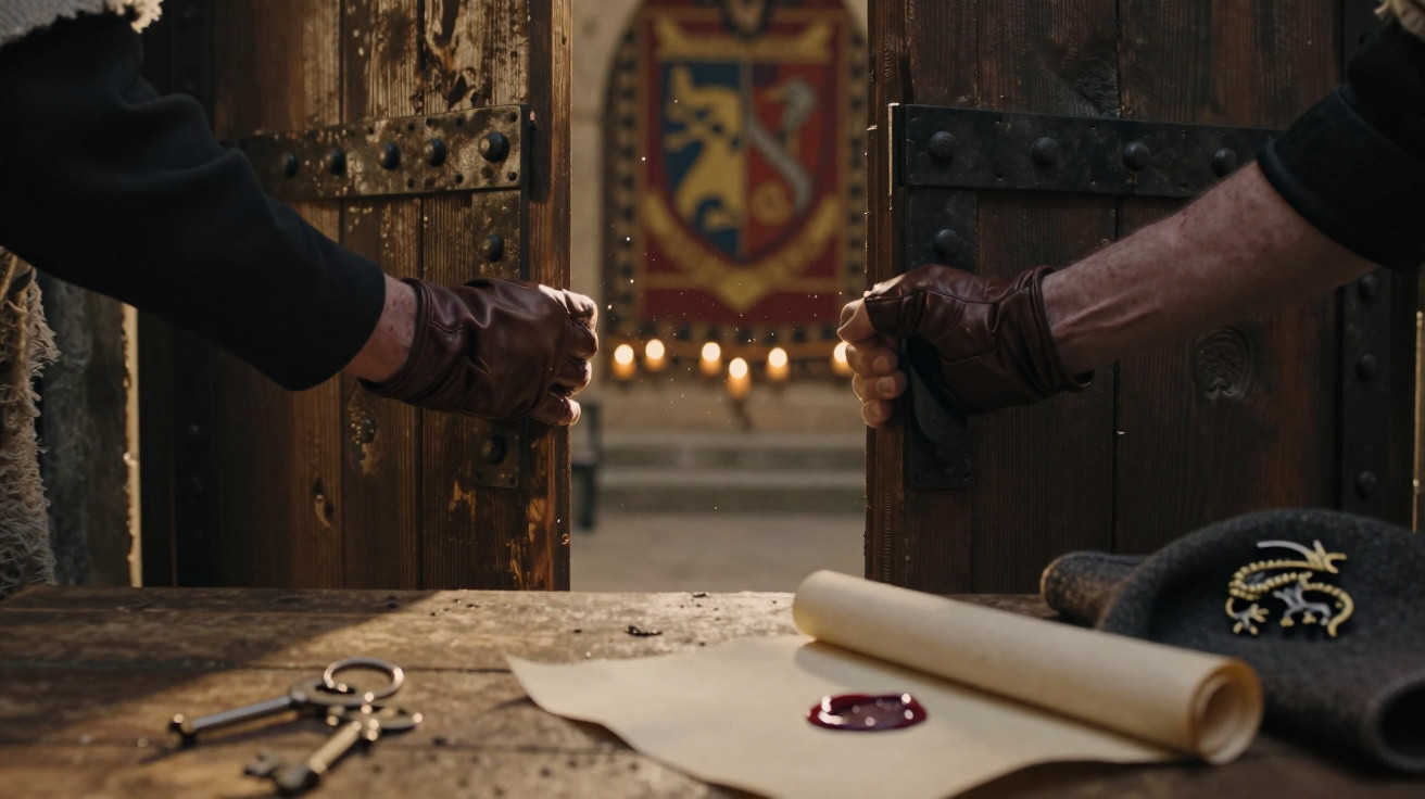 Duas mãos com luvas de couro a abrir uma porta de madeira antiga para um salão com brasão, chaves e pergaminho na mesa.