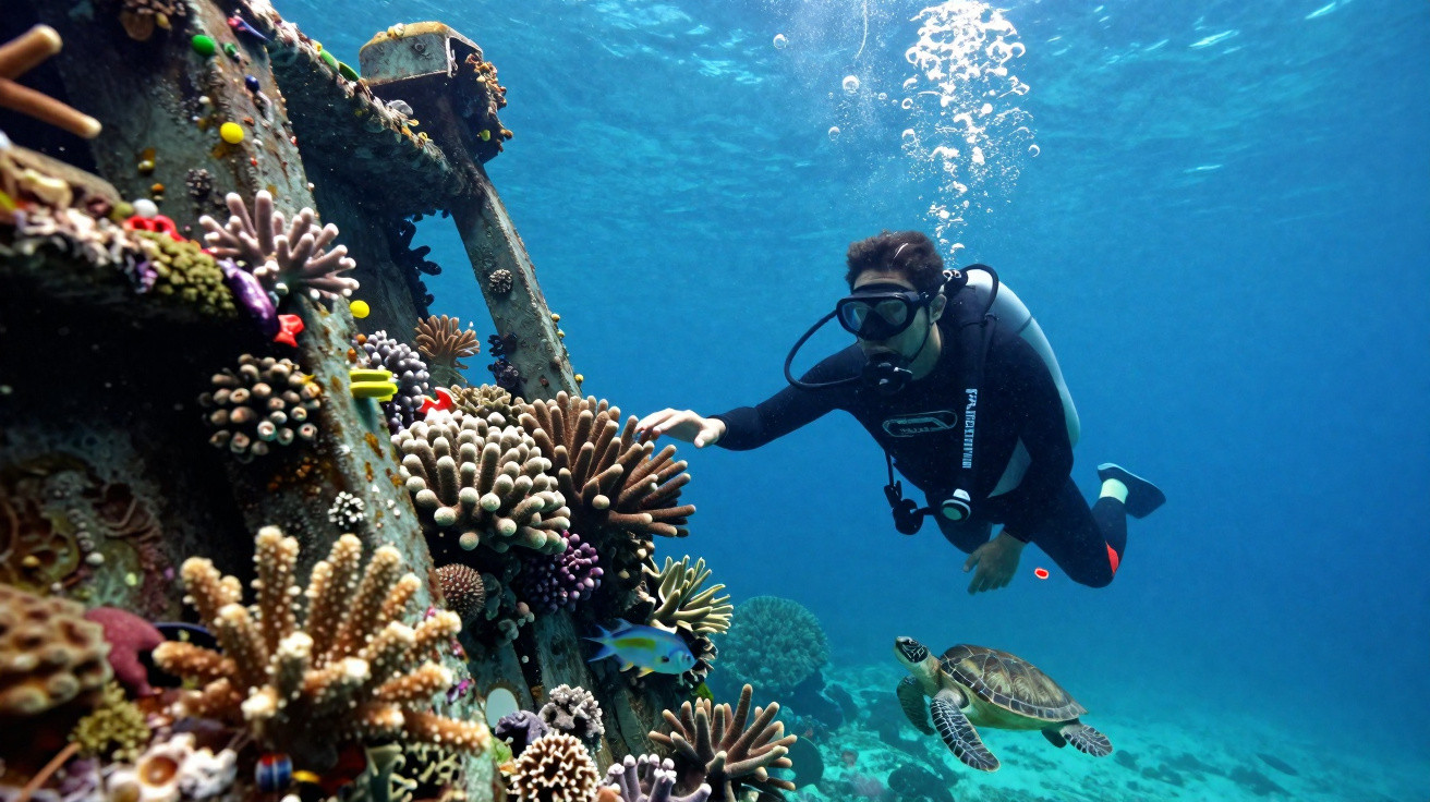 Mergulhador explora recife de coral colorido acompanhado de uma tartaruga marinha em águas cristalinas.