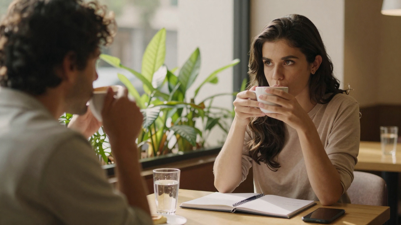 Duas pessoas a beber café numa mesa com caderno, telemóvel e copos de água, junto a uma janela com plantas.