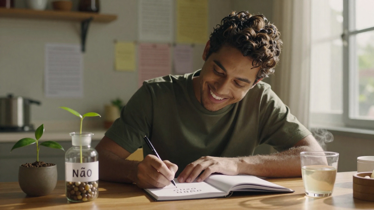 Homem sorridente a escrever num caderno sentado à mesa com plantas e uma bebida quente à sua frente.