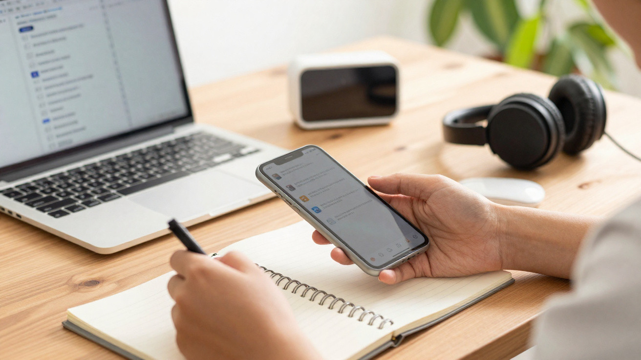 Pessoa a usar telemóvel e a escrever num caderno, com computador portátil, headphones e relógio digital numa secretária.