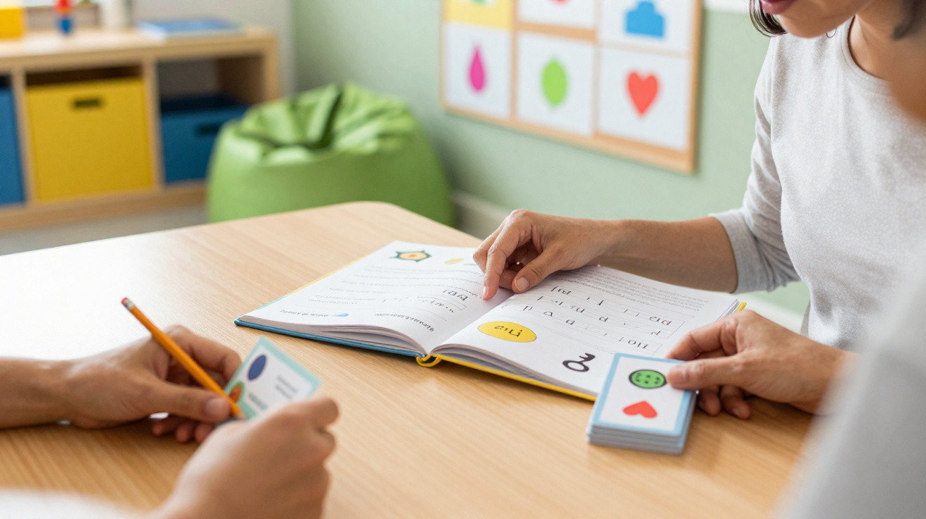 Pessoa a ensinar leitura com flashcards e livro aberto numa mesa de madeira clara.