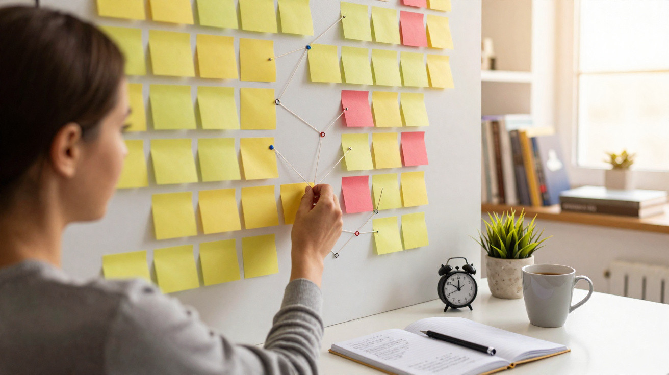 Pessoa a organizar post-its amarelos e cor-de-rosa numa parede, com caderno, caneca e relógio na secretária.
