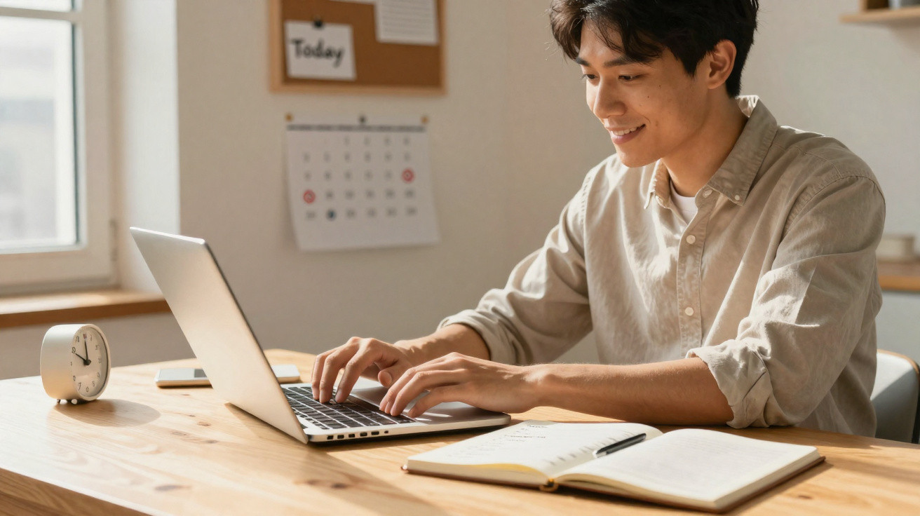 Homem a sorrir a trabalhar num computador portátil numa mesa com caderno aberto e relógio analógico.
