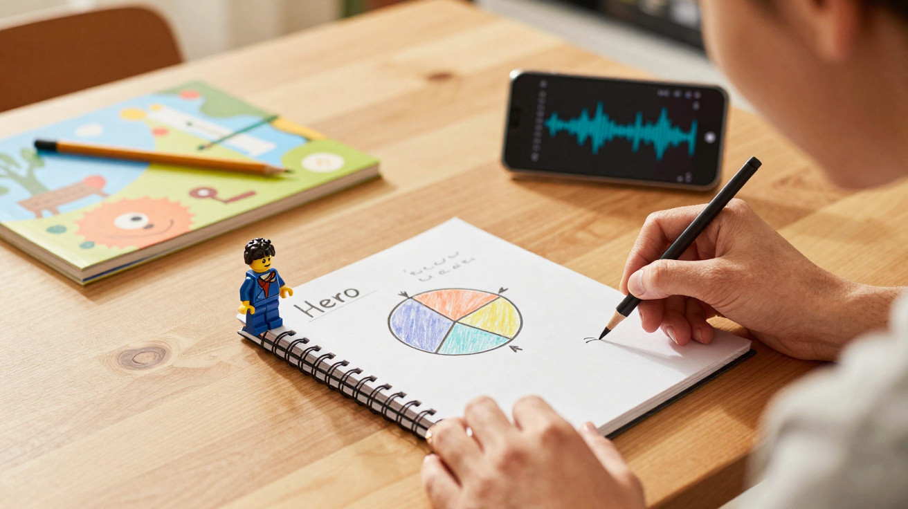 Pessoa a desenhar gráfico circular no caderno com figura de Lego e telemóvel numa mesa de madeira.