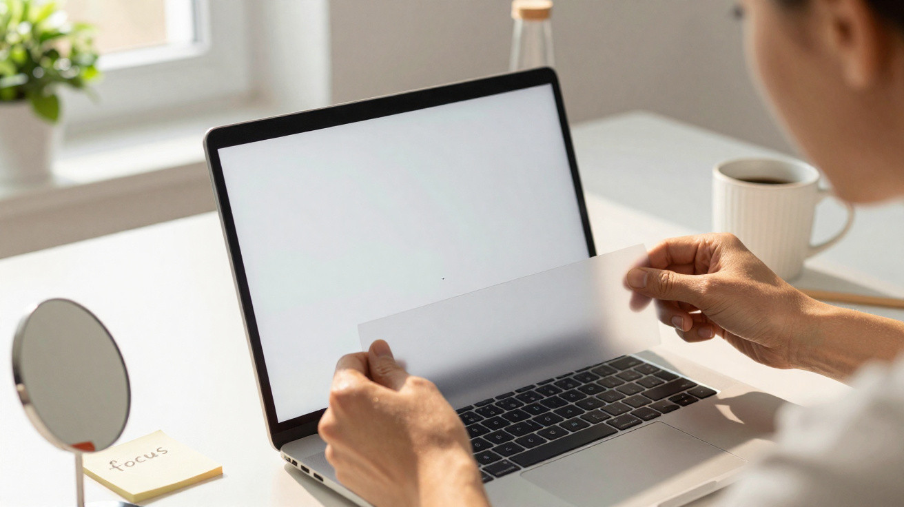 Pessoa a colocar filtro de privacidade num portátil branco numa secretária iluminada.
