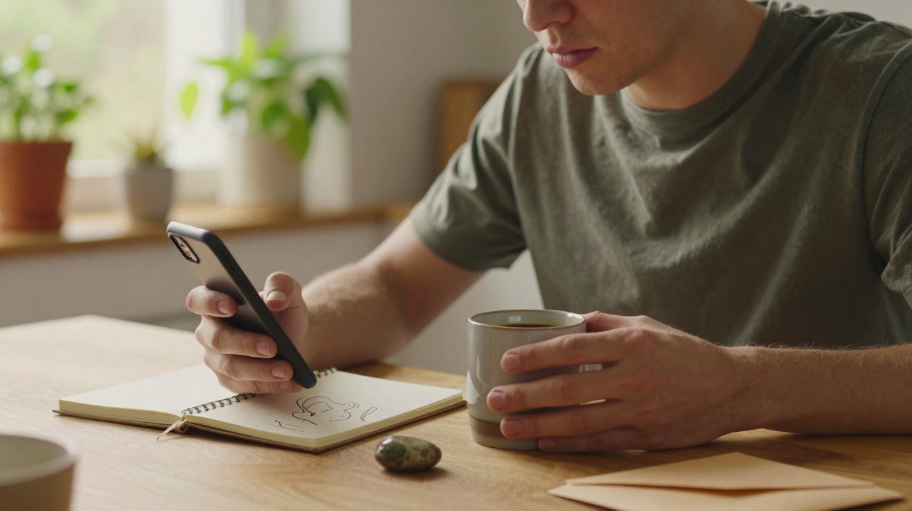 Homem sentado à mesa com telemóvel numa mão e caneca na outra, perto de caderno com desenhos.
