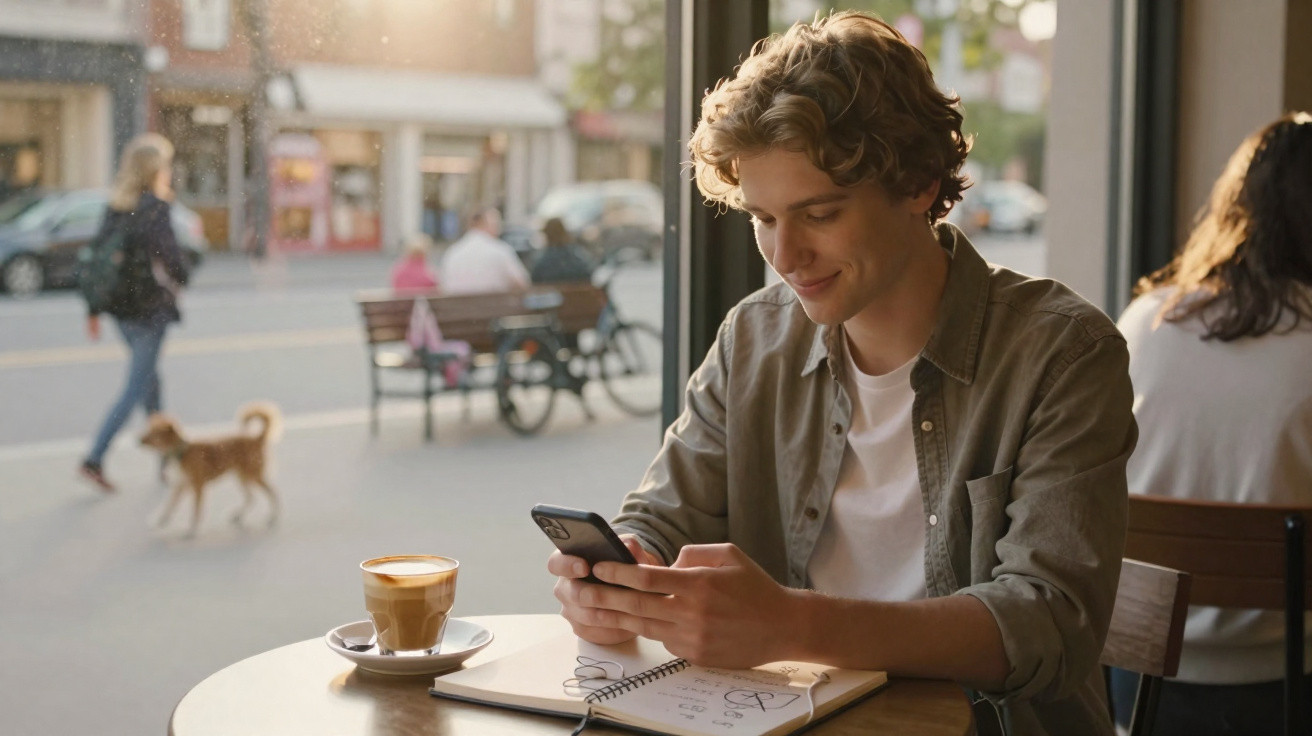 Jovem sentado num café, a olhar para o telemóvel, com caderno aberto e chávena de café na mesa.