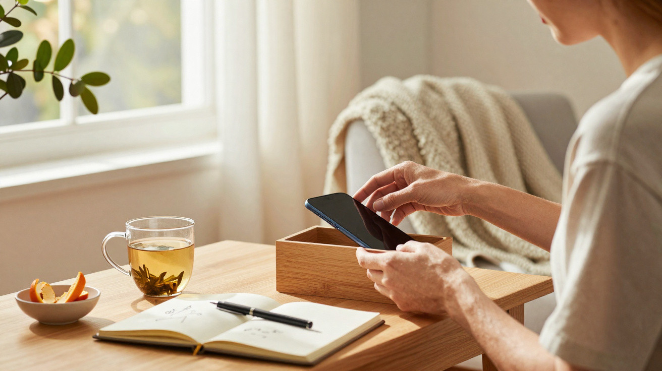 Pessoa a usar telemóvel numa mesa com chá, caderno aberto e tigela com pedaços de fruta ao lado.