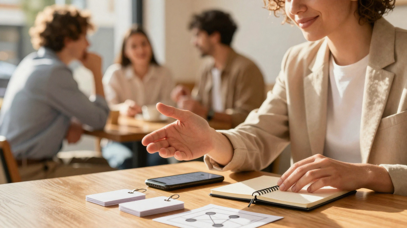 Pessoa a explicar ideias numa reunião com caderno, telefone e cartões de visita sobre a mesa.